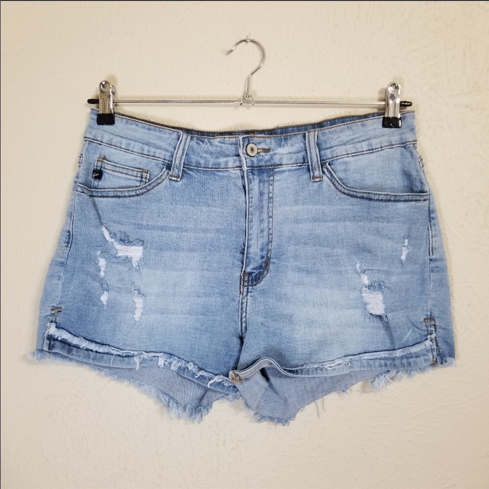 KanCan High Rise Distressed Raw Hem Denim Shorts